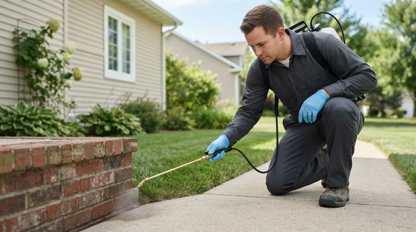 Pest control technician treating a home near Farrar, MO